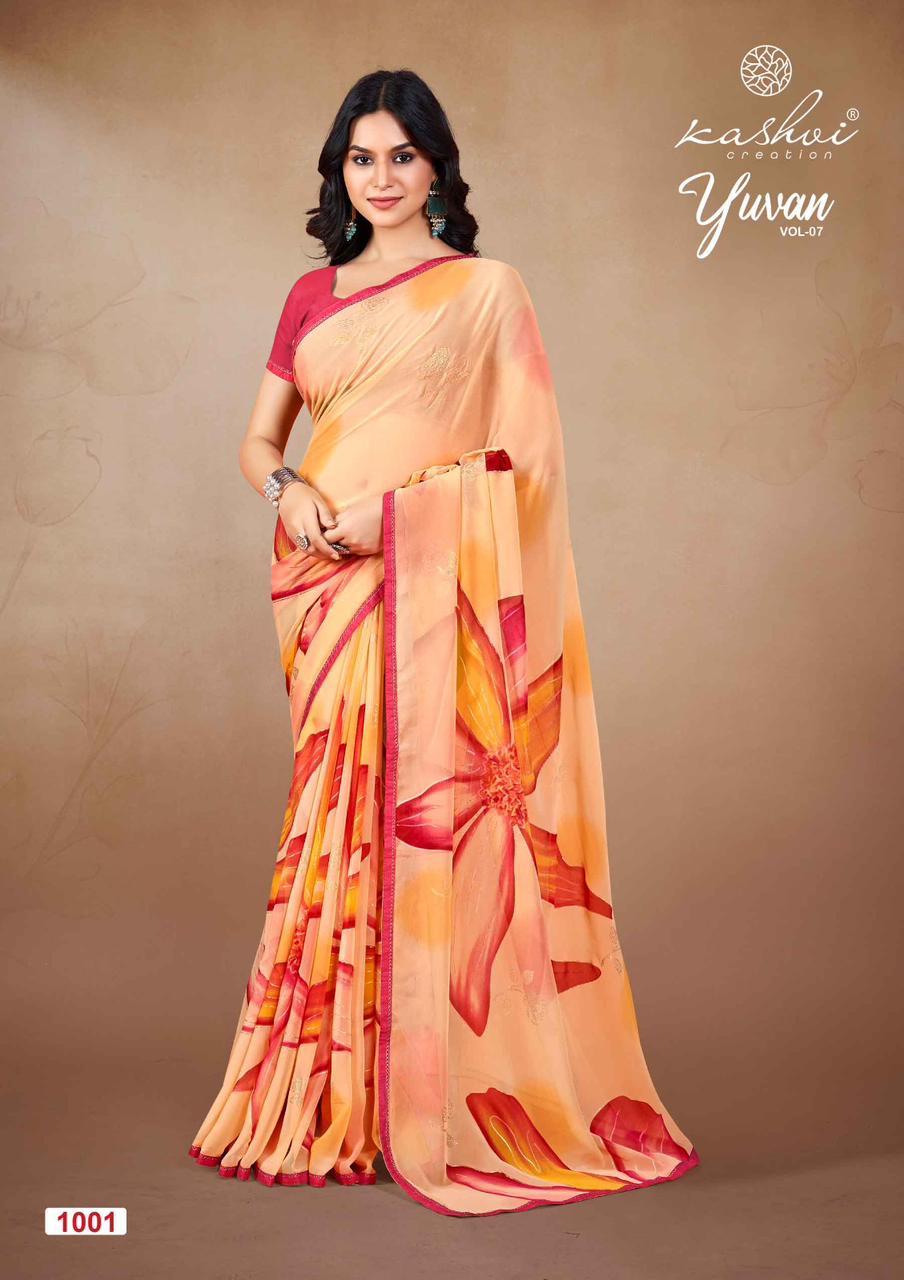 Yuvan Vol 7 By Kashvi Foil Printed Georgette Sarees Wholesale Shop In Surat